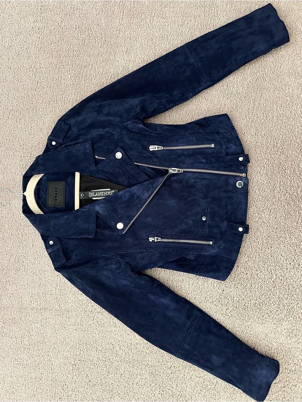 100% Suede Leather Fall Navy Blue Moto Jacket - Blank NYC - Picture 8 of 17